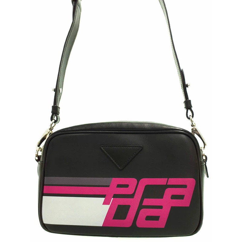 Prada Racing Logo Camera Bag Black Calfskin Leather Pink